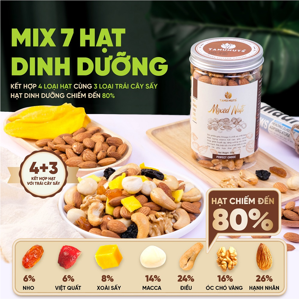 Hạt dinh dưỡng mix 7 loại TANU NUTS hũ 350gr, ngũ cốc bà bầu gồm macca, óc chó, hạnh nhân, điều, nho, xoài, việt quất.