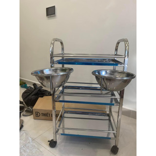 Xe đẩy Inox 3 tầng spa có bát nước, xe đẩy đựng dụng cụ