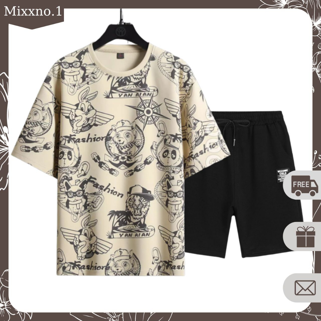 Bộ Đồ Nam Mùa Hè Áo Thun Tay Ngắn Họa Tiết Hoạt Hình Thú Kèm Quần Short Thể Thao Trang Mixxno.1 TOP 276 + SHORT 057