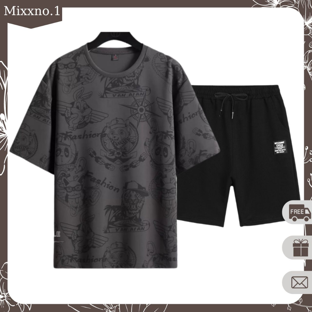Bộ Đồ Nam Mùa Hè Áo Thun Tay Ngắn Họa Tiết Hoạt Hình Thú Kèm Quần Short Thể Thao Trang Mixxno.1 TOP 276 + SHORT 057
