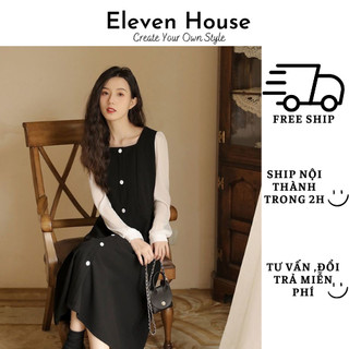 XẢ Váy đầm dài tiểu thư cổ vuông siêu xinh dáng chữ A 11 House