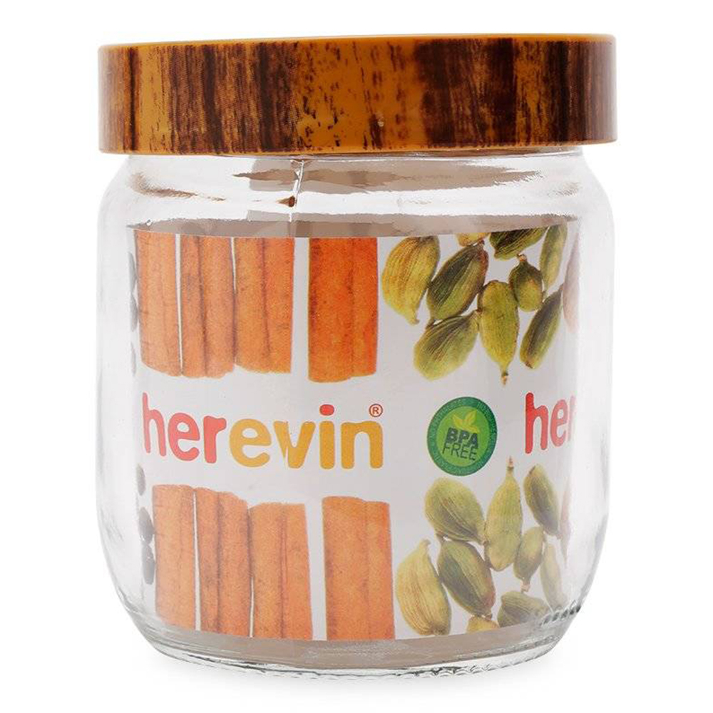 Hũ thủy tinh Herevin tròn trơn nắp Woody 425ml - HTTNW425