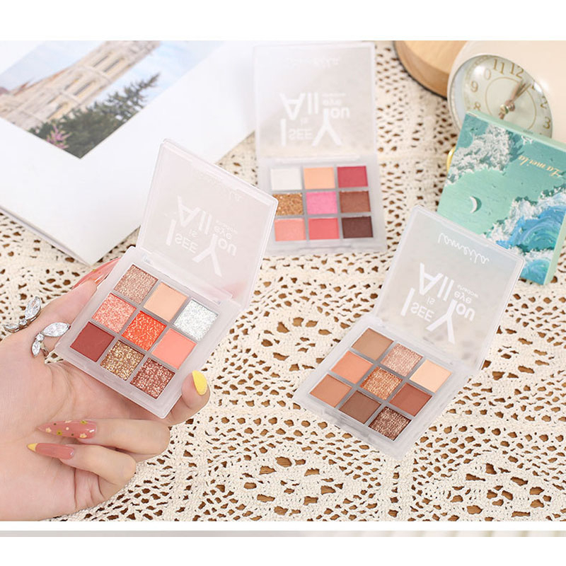 Bảng phấn mắt Lameila 9 ô vuông nhũ lì mềm mịn dễ tán, Bảng mắt 9 ô Lameila hàng nội địa Trung màu mịn lì phối ánh nhũ