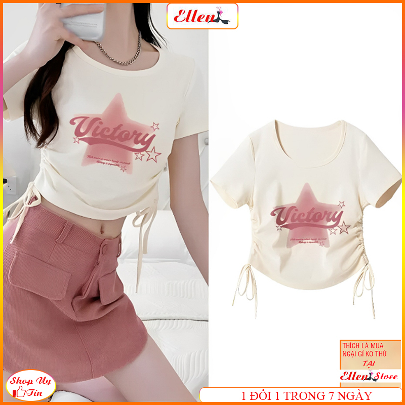 Áo croptop nữ, Áo cộc tay nữ dây rút 2 bên tay ngắn cổ tròn ôm body vải bozip tăm hàn co giãn mặc mát ellen ATC3