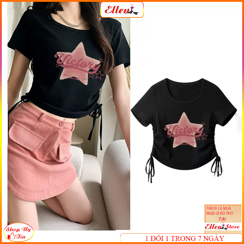 Áo croptop nữ, Áo cộc tay nữ dây rút 2 bên tay ngắn cổ tròn ôm body vải bozip tăm hàn co giãn mặc mát ellen ATC3