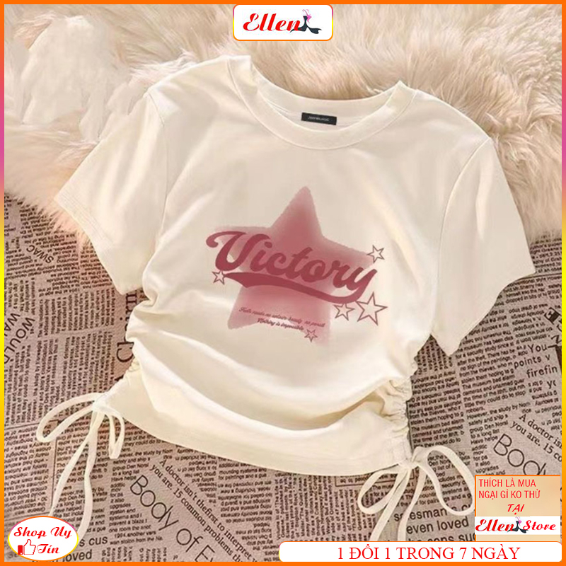 Áo croptop nữ, Áo cộc tay nữ dây rút 2 bên tay ngắn cổ tròn ôm body vải bozip tăm hàn co giãn mặc mát ellen ATC3