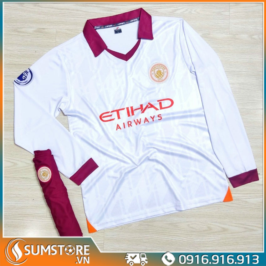Đồ đá banh CLB Man-City Trắng Cổ Tay Dài 2023 2024