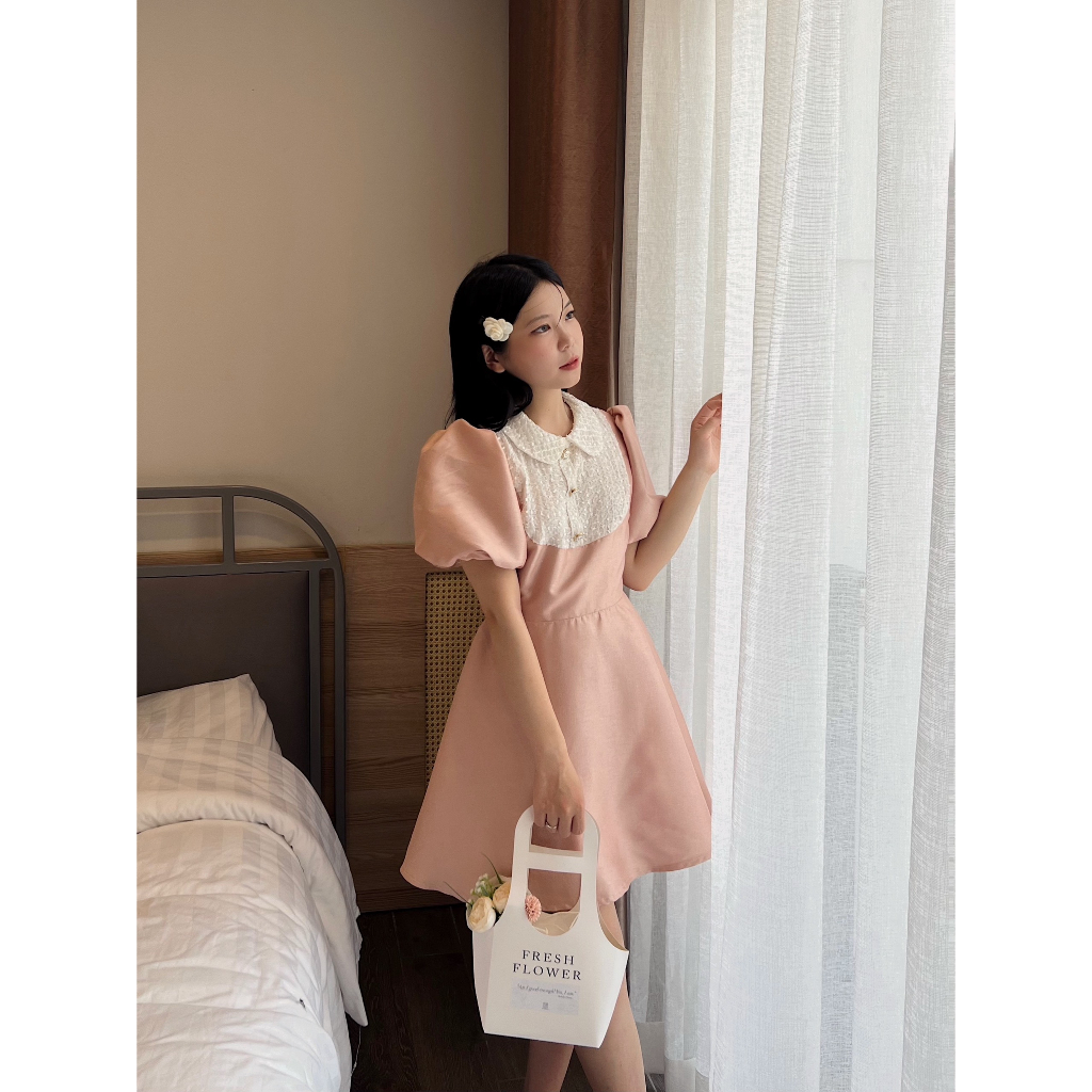 Váy tay bồng thiết kế Bonheur khuy sang chảnh tiểu thư tafta nhũ Alice Dress