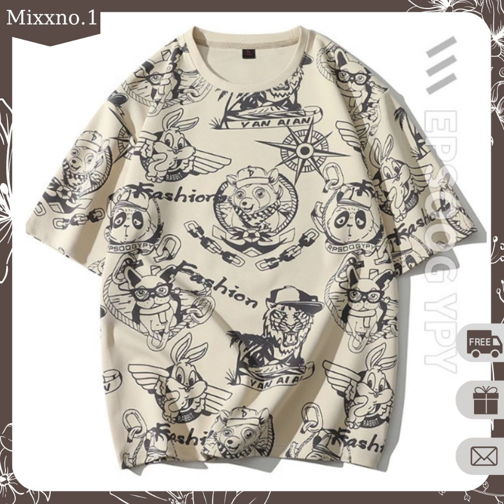 Áo Thun Tay Ngắn Dáng Xuông Họa Tiết Hoạt Hình Phong Cách Thể Thao Thời Trang Mixxno.1 TOP NAM 276V2