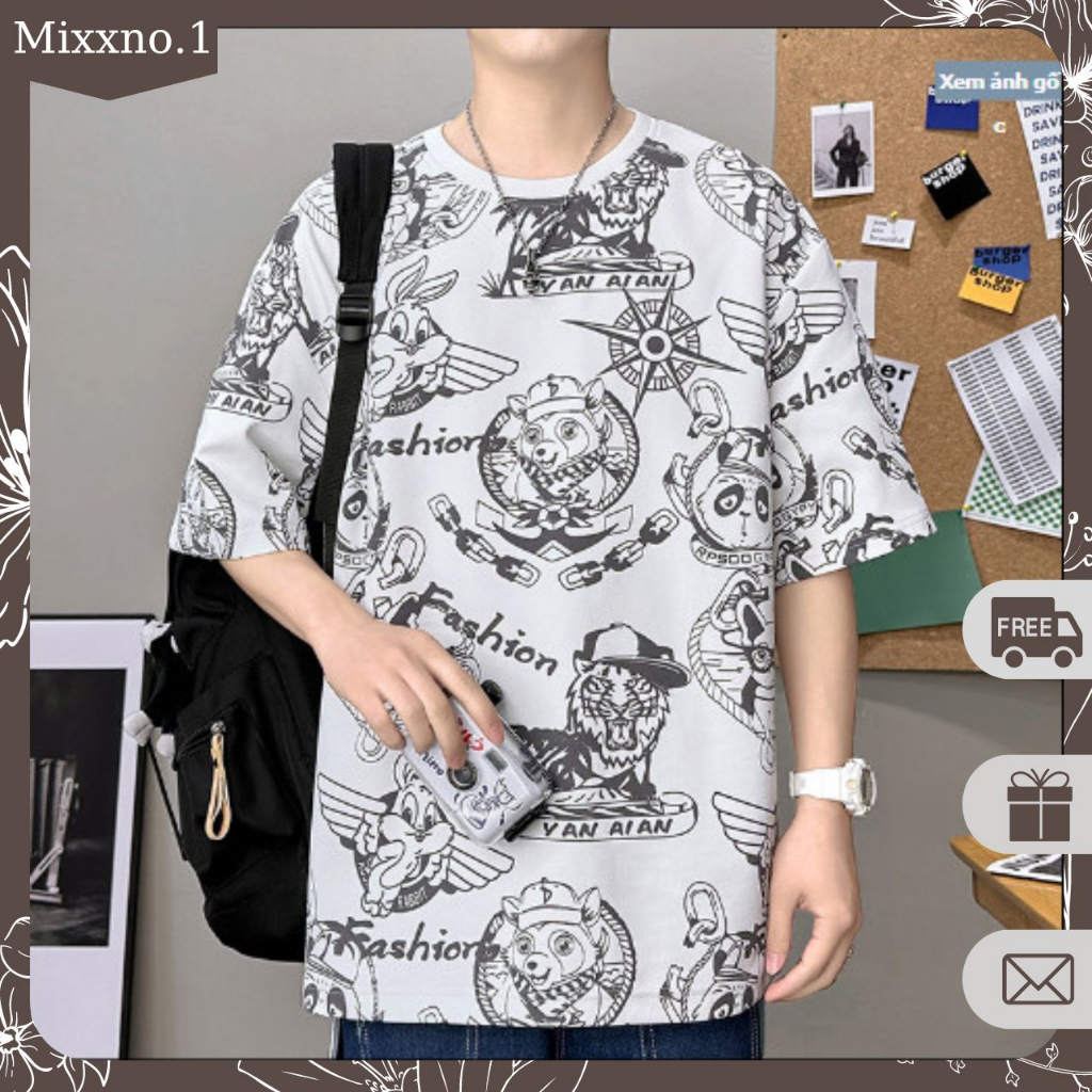 Áo Thun Tay Ngắn Dáng Xuông Họa Tiết Hoạt Hình Phong Cách Thể Thao Thời Trang Mixxno.1 TOP NAM 276V3