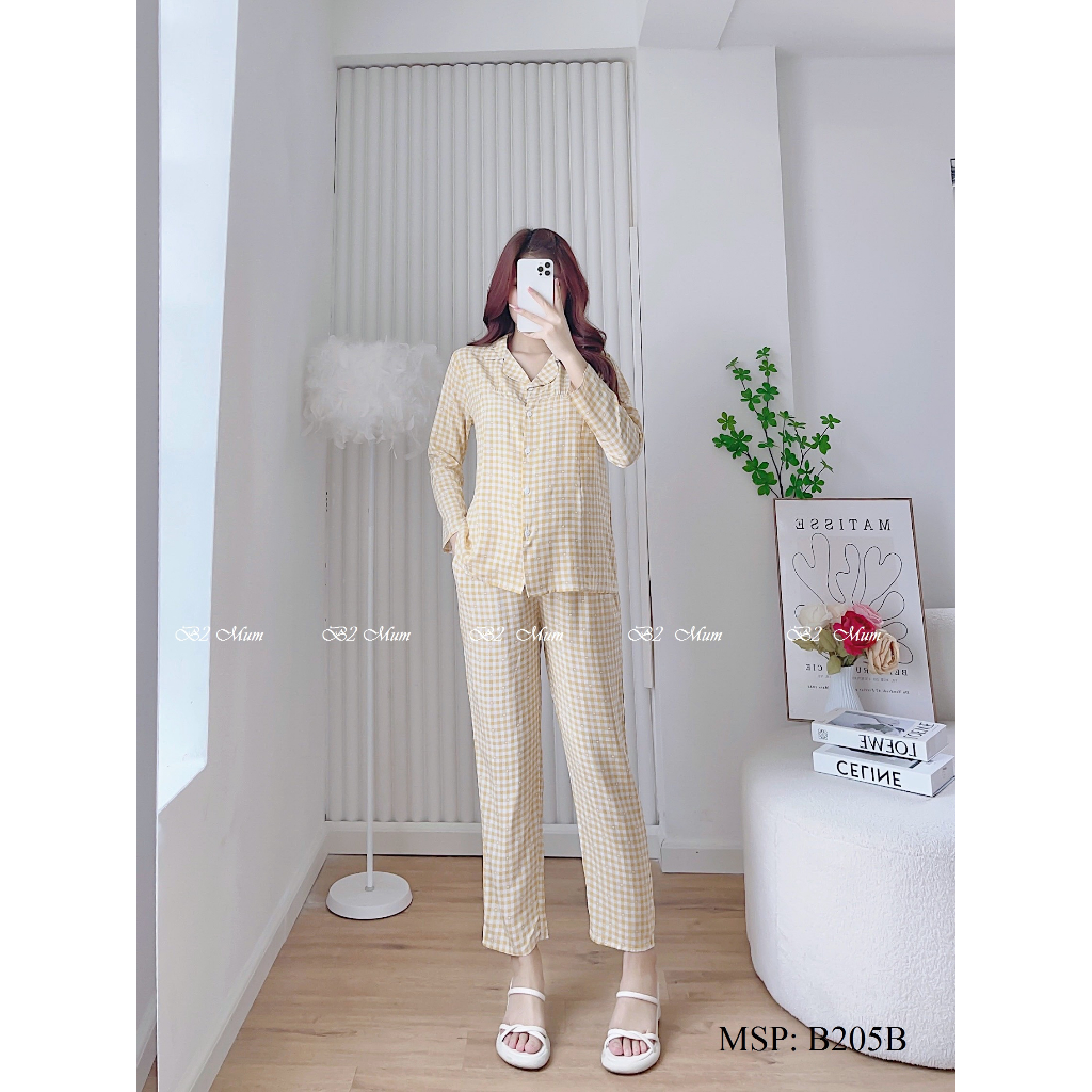 Bộ bầu và sau sinh chất lanh thiết kế kiểu áo pijama quần có chun chỉnh B205B  B2MUM