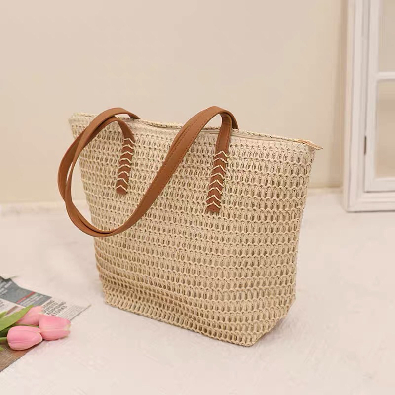 Túi cói dây da có khoá kéo - túi tote cói đan xương cá đi biển