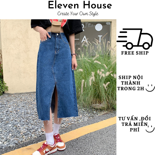 Chân váy jeans bò xẻ dáng dài cạp cao tôn dáng nữ tính phong cách Hàn Quốc 11 House