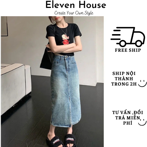 Chân váy jeans bò xẻ dáng dài cạp cao tôn dáng nữ tính phong cách Hàn Quốc 11 House