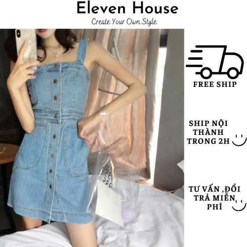 Váy yếm jean bò dáng ngắn cúc bấm phong cách Hàn Quốc chất dày dặn 11 House