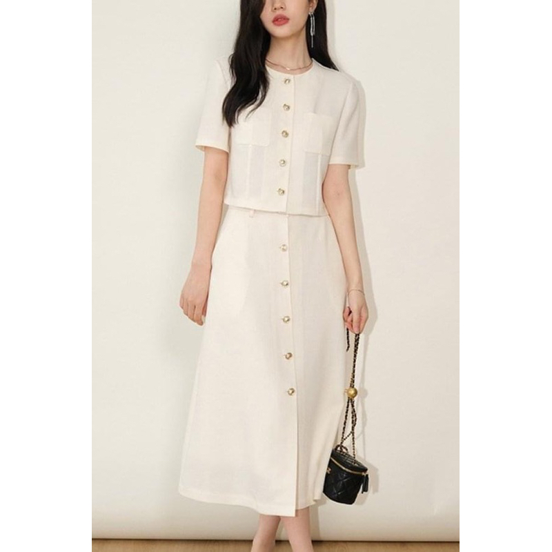 Set công sở áo chân váy linen phối cúc thời trang Ancava