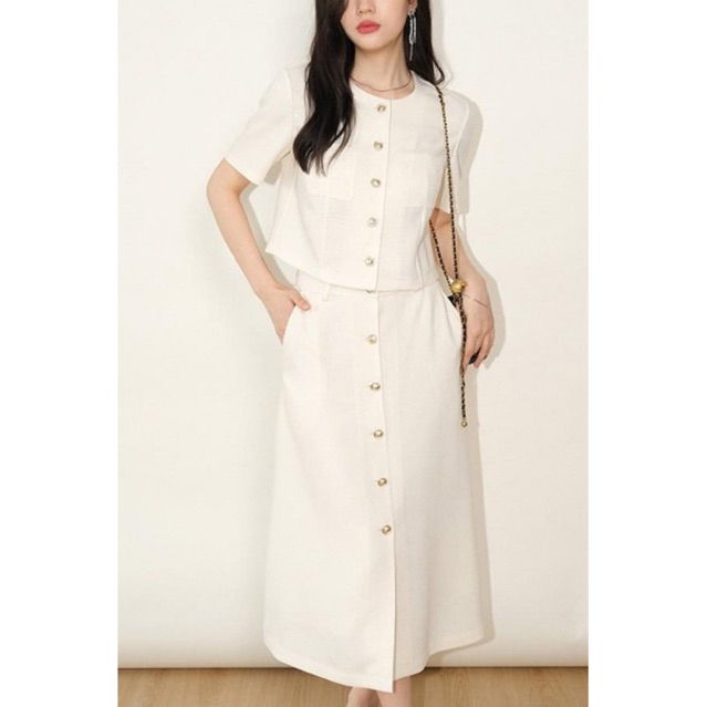 Set công sở áo chân váy linen phối cúc thời trang Ancava