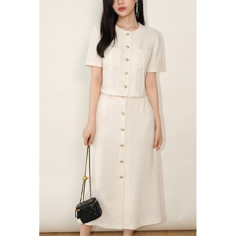 Set công sở áo chân váy linen phối cúc thời trang Ancava