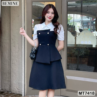 Đầm công sở cổ phối ngắn tay bemine mt7418