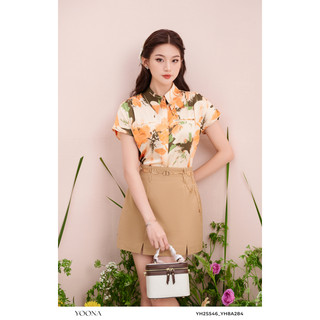 Áo sơ mi họa tiết thiết kế tay ngắn chất liệu lụa YOONA - YH2S546