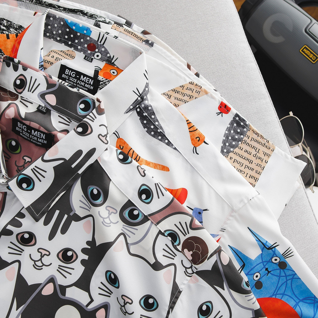 Áo sơ mi tay ngắn họa tiết mèo unisex bigsize nam cỡ đại 140kg