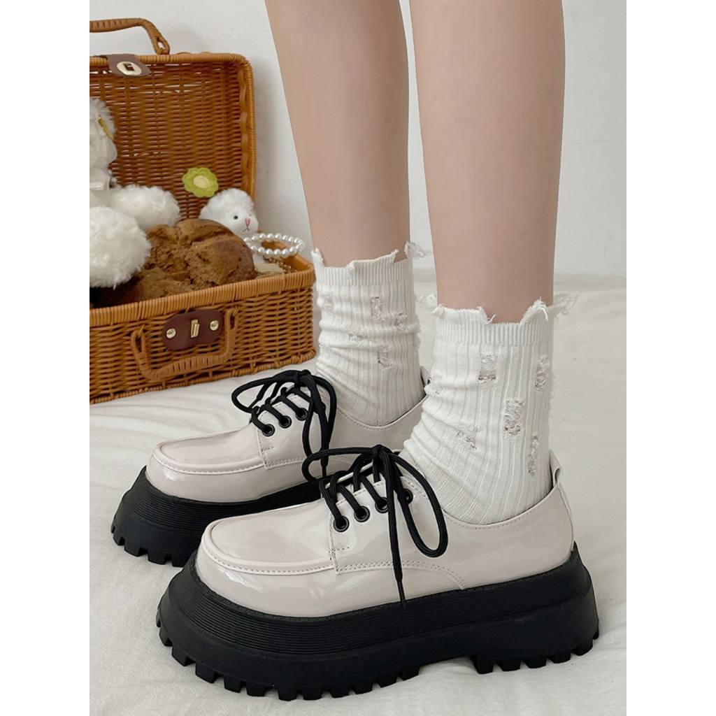 Giày oxford nữ ENNINO đế cao 5p TRƠN lolita buộc dây phong cách Hàn quốc màu đen/kem hot đẹp mới_ GIÀY UMI