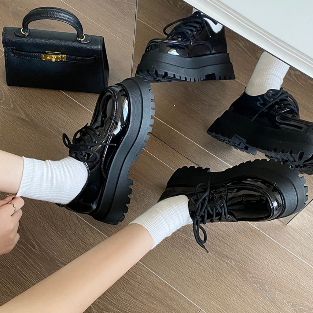 Giày oxford nữ ENNINO đế cao 5p TRƠN lolita buộc dây phong cách Hàn quốc màu đen/kem hot đẹp mới_ GIÀY UMI