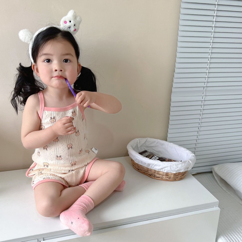 Bộ hai dây cotton thông hơi thỏ con dễ thuơng cho bé