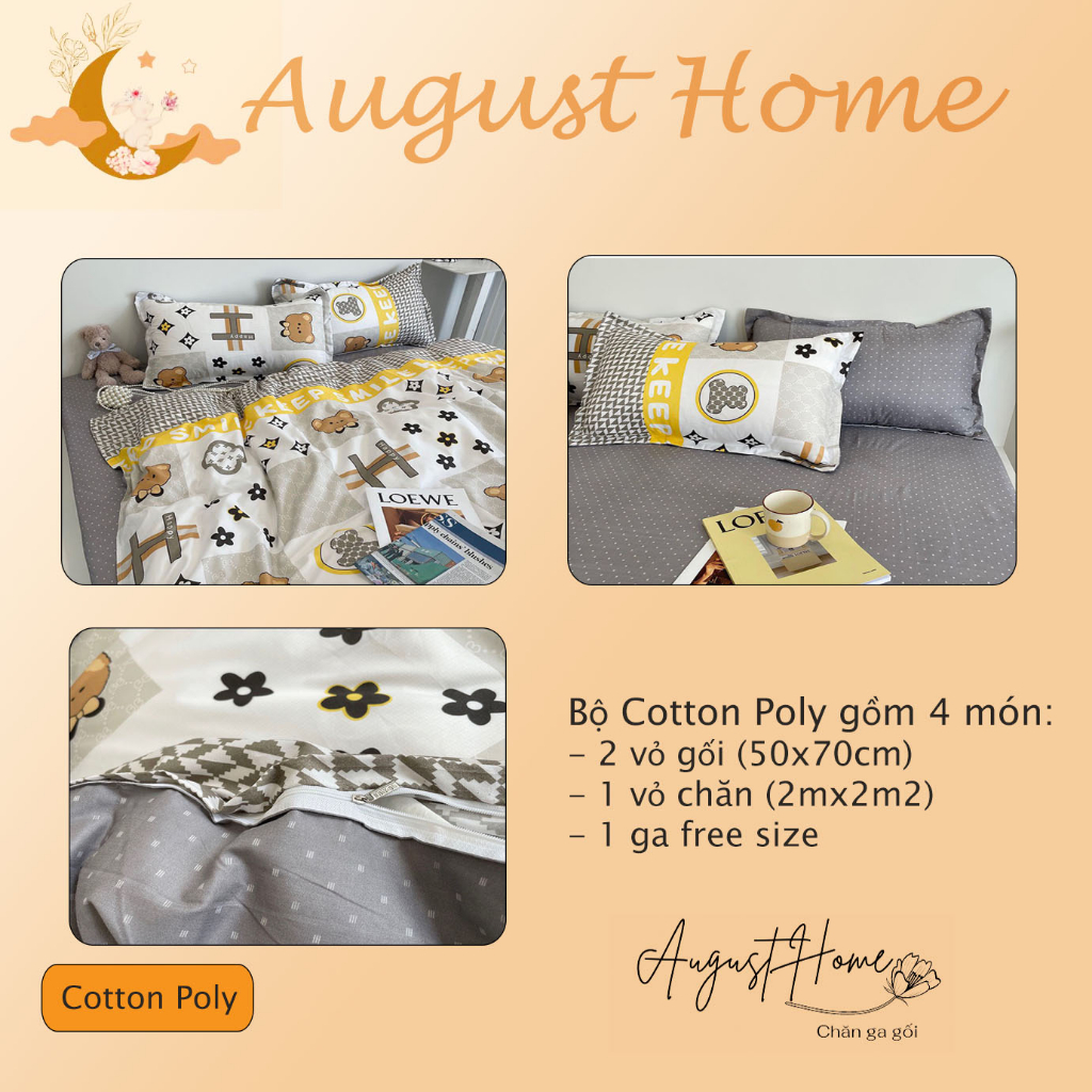 Bộ Chăn ga gối 4 món Cotton Poly dễ thương siêu mềm mịn, thấm hút tốt. Nhiều mẫu để lựa chọn
