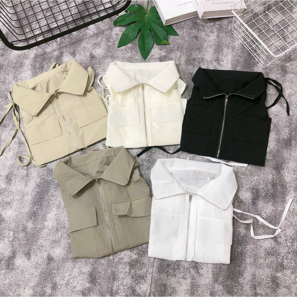 Áo sơ mi sát nách khóa kéo có túi và dây rút phong cách Retro dành cho nữ cá tính. ❤️
