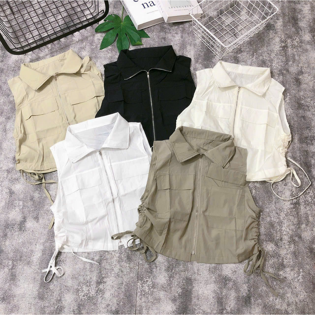 Áo sơ mi sát nách khóa kéo có túi và dây rút phong cách Retro dành cho nữ cá tính. ❤️
