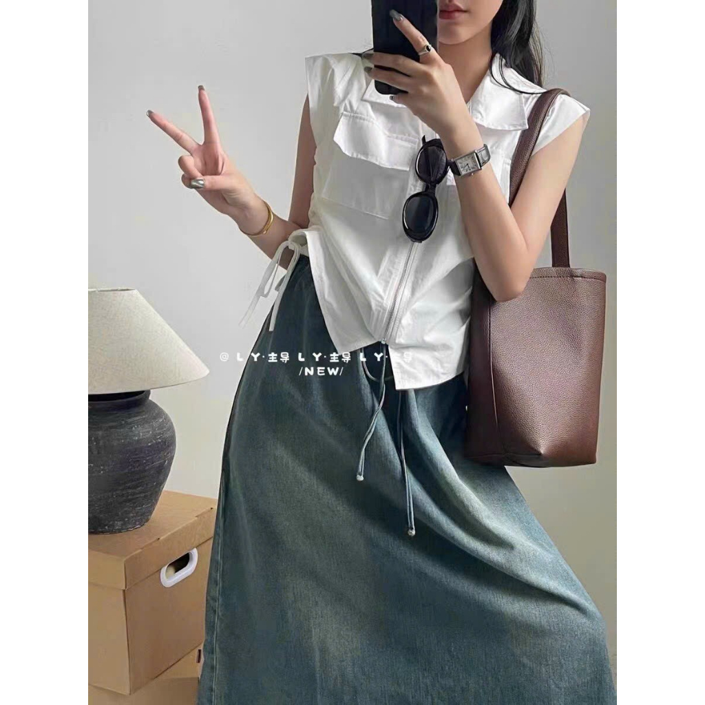 Áo sơ mi sát nách khóa kéo có túi và dây rút phong cách Retro dành cho nữ cá tính. ❤️