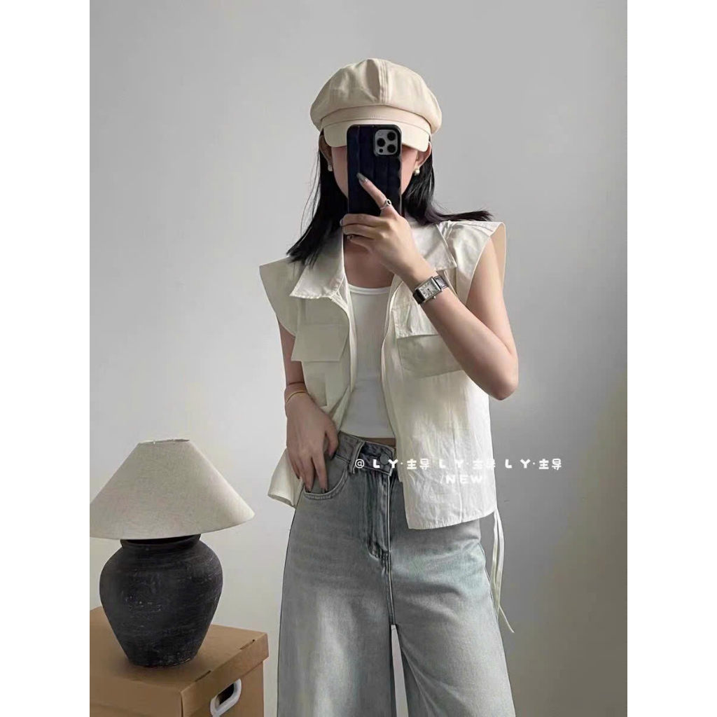 Áo sơ mi sát nách khóa kéo có túi và dây rút phong cách Retro dành cho nữ cá tính. ❤️