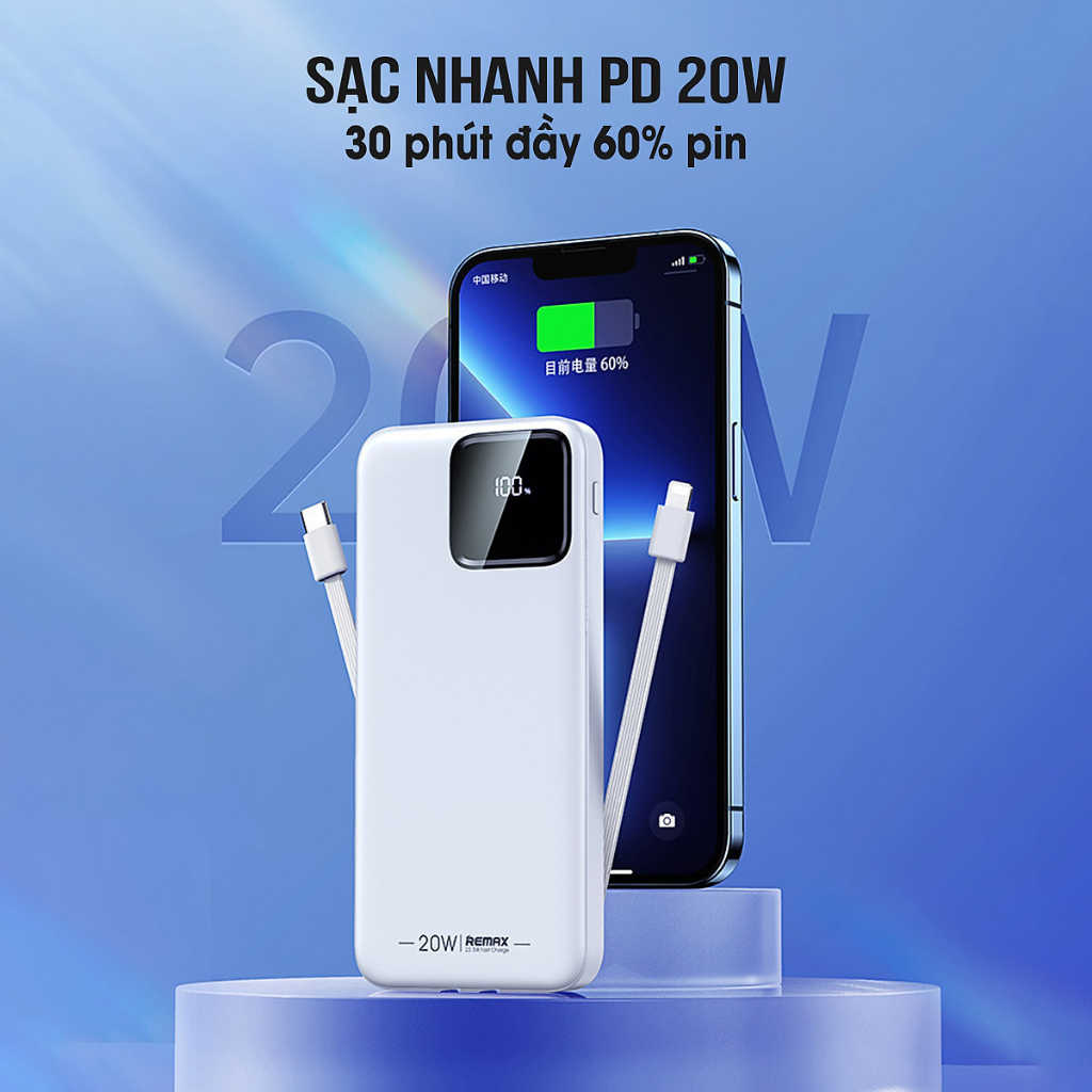 Pin sạc dự phòng RPP 500 dung lượng 10000mAh kèm 2 dây cáp sạc nhanh 22.5W màn hình LED tráng gương hiển thị phần trăm