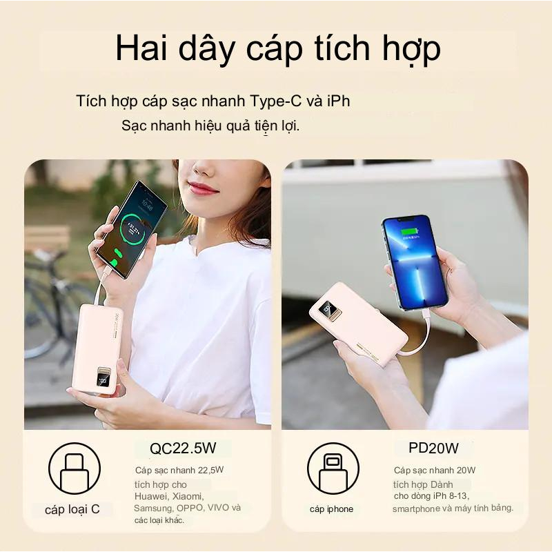 Pin sạc dự phòng RPP 500 dung lượng 10000mAh kèm 2 dây cáp sạc nhanh 22.5W màn hình LED tráng gương hiển thị phần trăm