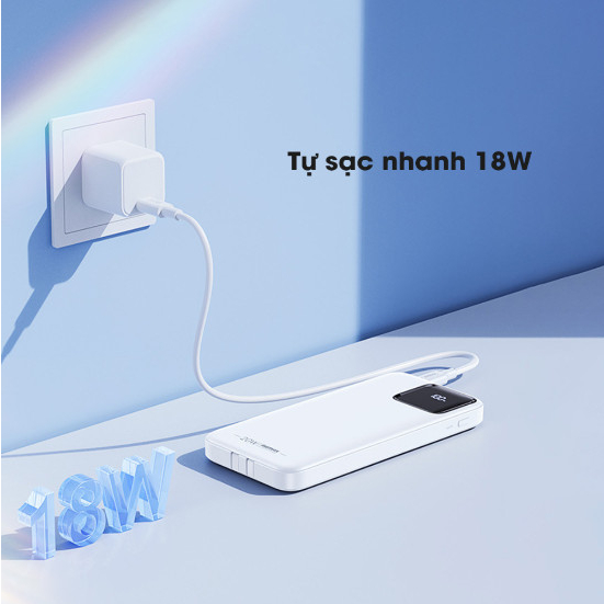 Pin sạc dự phòng RPP 500 dung lượng 10000mAh kèm 2 dây cáp sạc nhanh 22.5W màn hình LED tráng gương hiển thị phần trăm