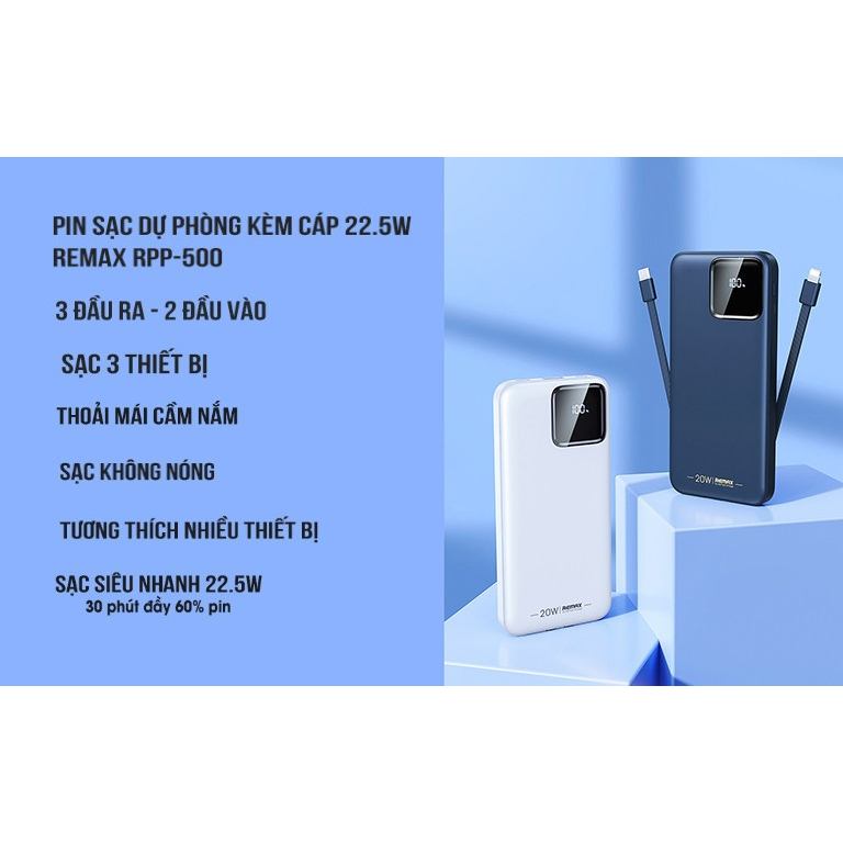 Pin sạc dự phòng RPP 500 dung lượng 10000mAh kèm 2 dây cáp sạc nhanh 22.5W màn hình LED tráng gương hiển thị phần trăm
