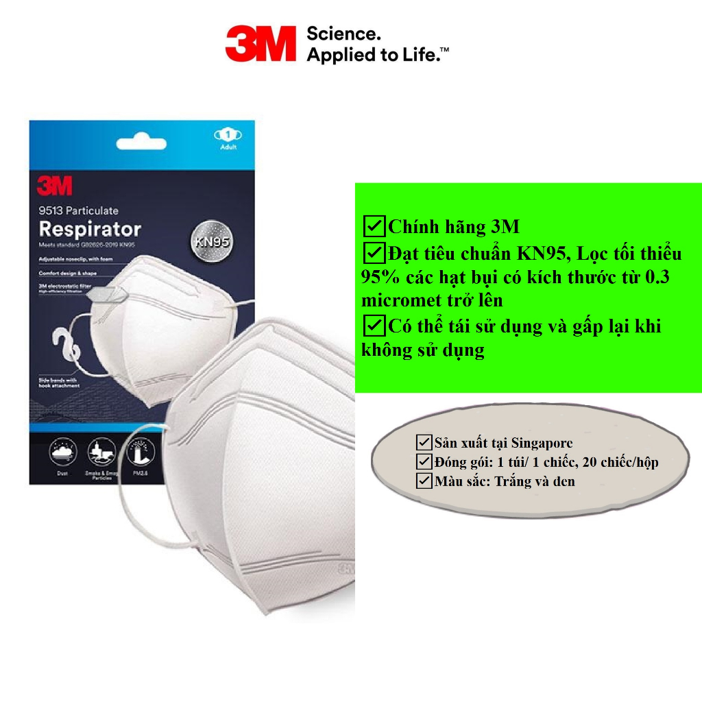Khẩu trang chính hãng 3M 9513 KN95 Singapore, 2 màu trắng đen, tặng kèm móc đeo qua đầu_Chính hãng Mask3M