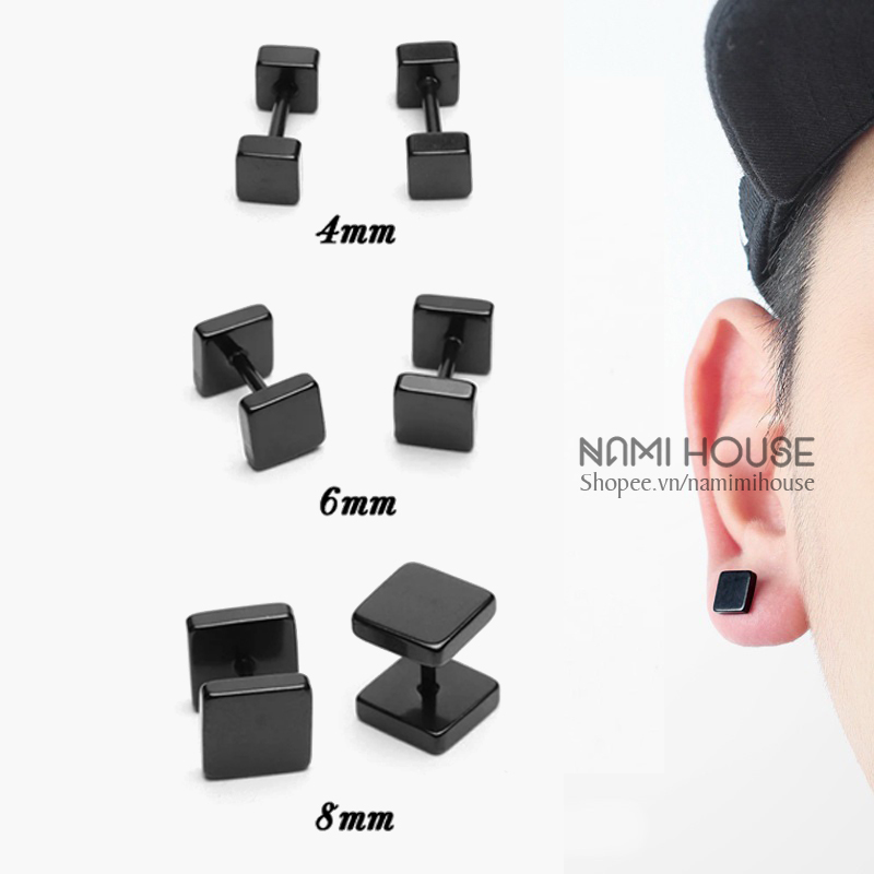 Bông tai nam nữ hình vuông cục tạ màu đen bóng phụ kiện trang sức thời trang nam nữ hip hop