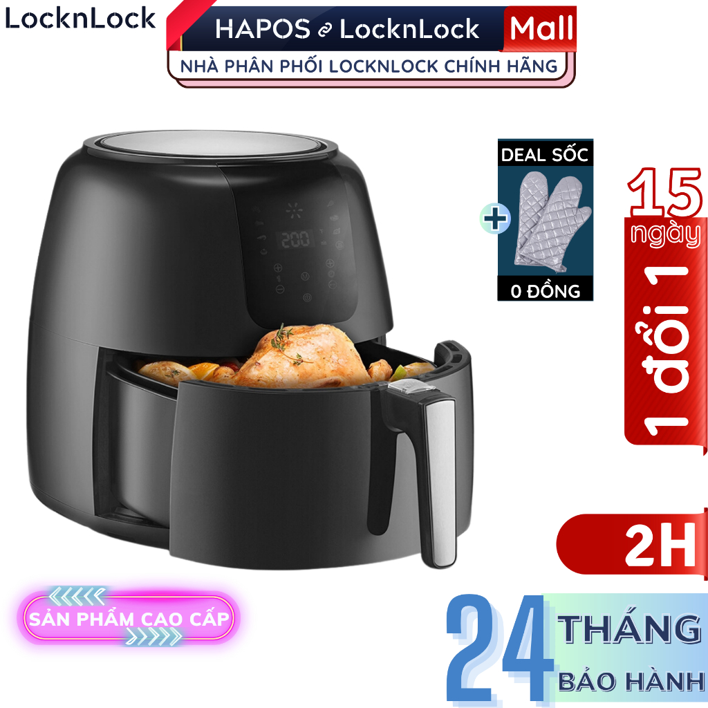 Nồi chiên không dầu LocknLock Super Jumbo Plus Air Fryer 7.2L EJF296BLK Tặng găng tay - Chính Hãng - HAPOS MALL OFFICIAL