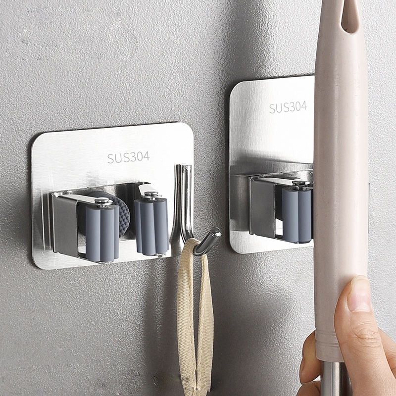 Móc Treo Chổi Dán Tường Inox 304, kẹp cây lau nhà, kẹp chổi dán tường chịu Lực