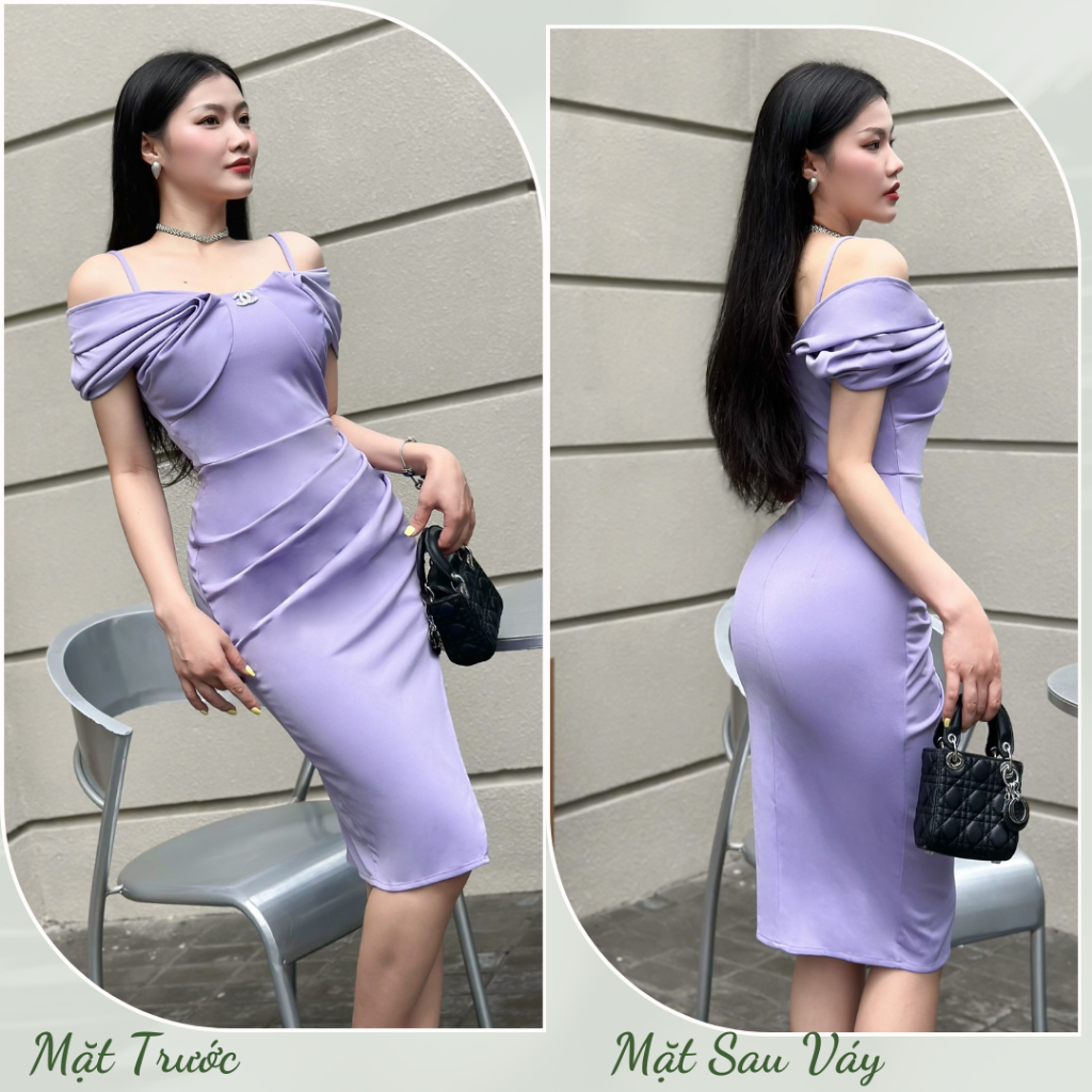 Váy 2 Dây Trễ Vai Cánh Tiên Đính Đá Sang Chảnh. Đầm Dự Tiệc Ôm Body Dáng Ngắn Vải Umi Hàn Co Giãn Tốt, Bigsize 40 - 65Kg