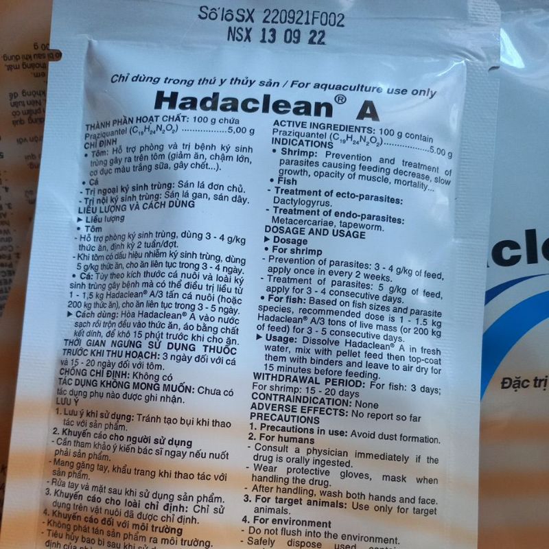 Xổ ký sinh trùng - Hadaclean A 100g