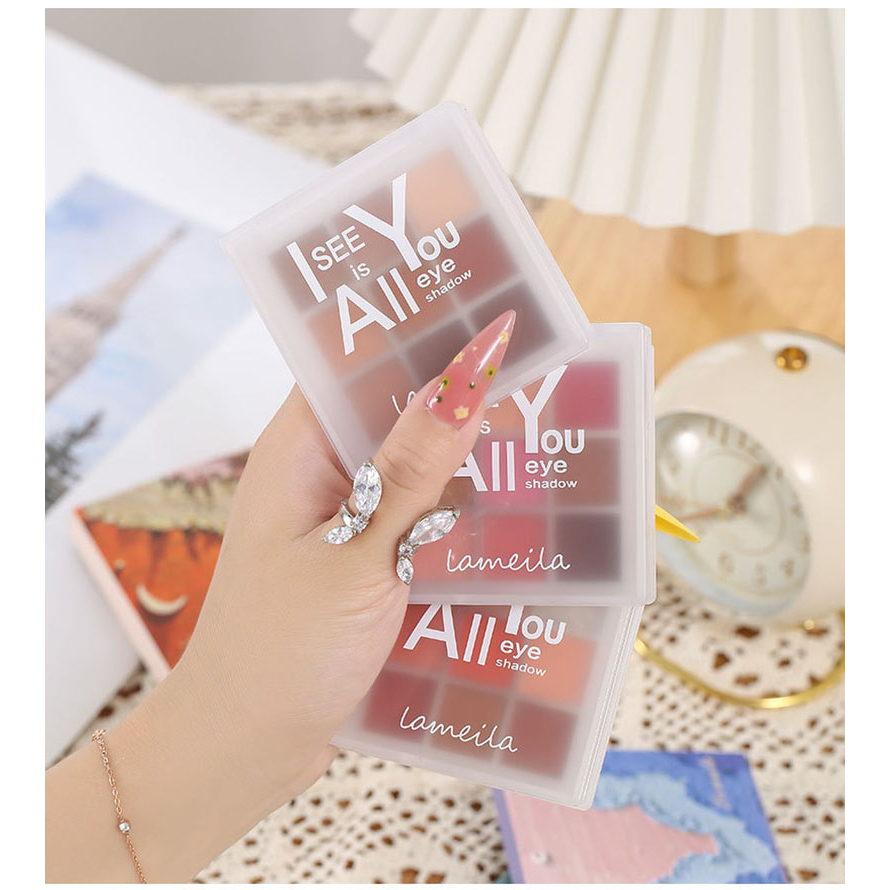 Bảng phấn mắt Lameila 9 ô vuông nhũ lì mềm mịn dễ tán, Bảng mắt 9 ô Lameila hàng nội địa Trung màu mịn lì phối ánh nhũ