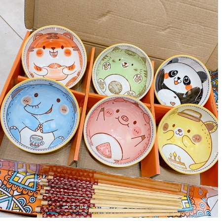 Set Bát Kèm Đũa Sang Trọng Hình Thú Kèm Hộp, Set Chén Thú Đủ Màu