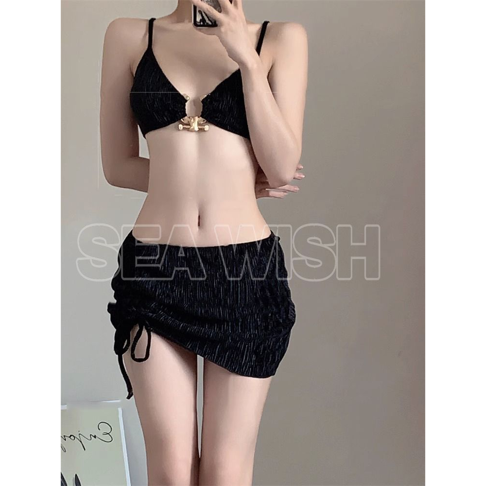 Set bikini đi biển 3 mảnh nhung tăm màu đen