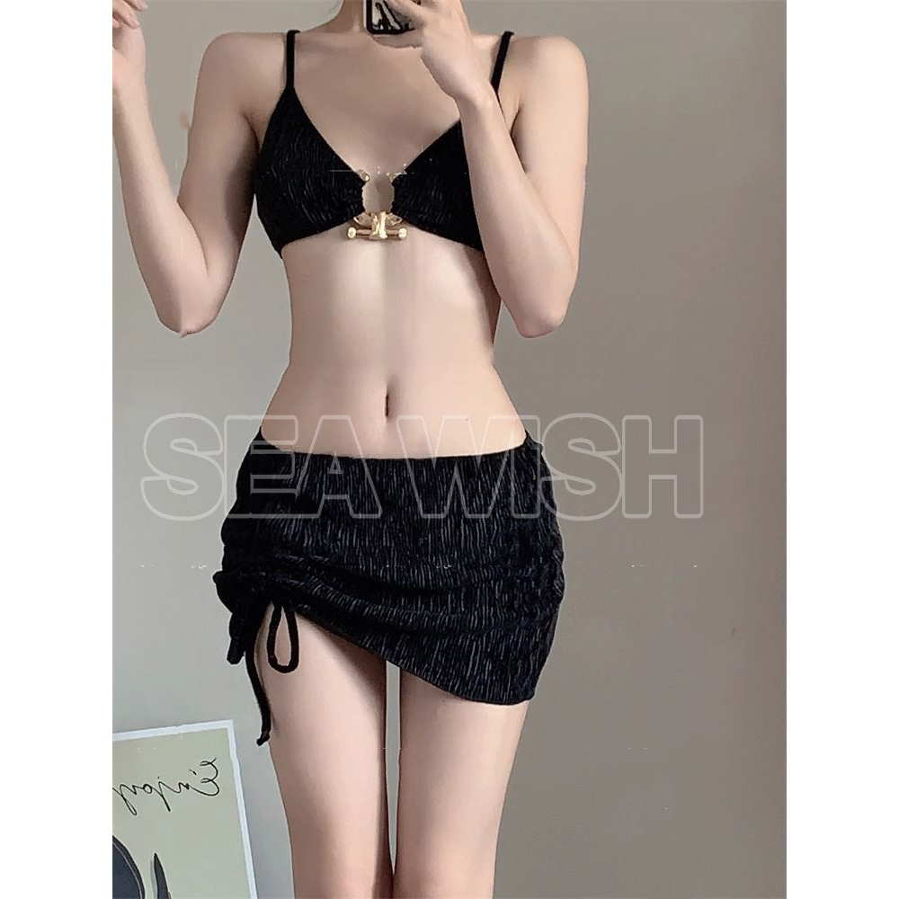 Set bikini đi biển 3 mảnh nhung tăm màu đen