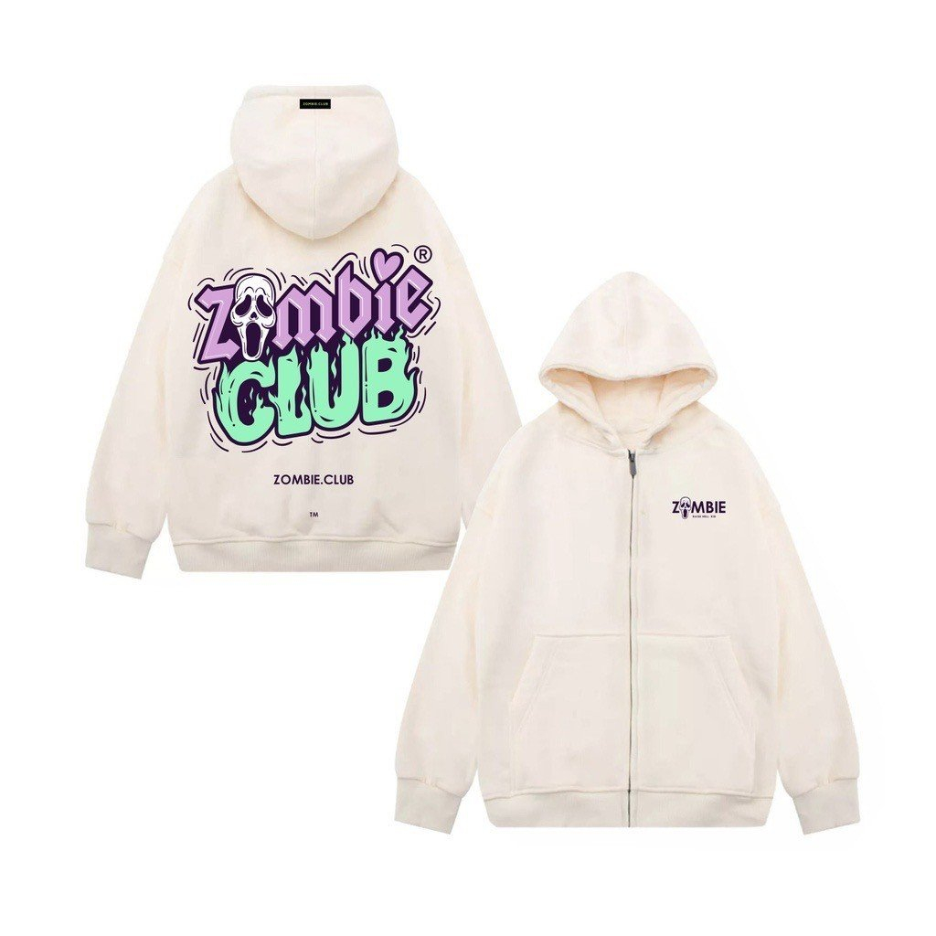 Áo hoodie zip Zombie Club Raise Hell Typo form rộng unisex nam nữ vải nỉ bông cao cấp dày mịn không đổ lông HZB03