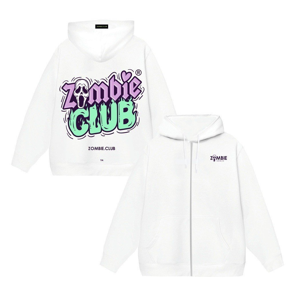 Áo hoodie zip Zombie Club Raise Hell Typo form rộng unisex nam nữ vải nỉ bông cao cấp dày mịn không đổ lông HZB03