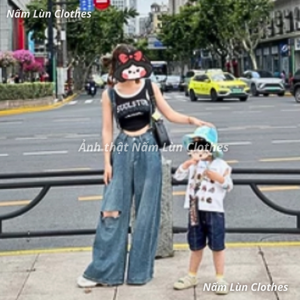 Quần Jeans ống rộng cạp cao Nấm Lùn Clothes Quần bò nữ phong cách streetwear Quần ống rộng lưng cao Q011